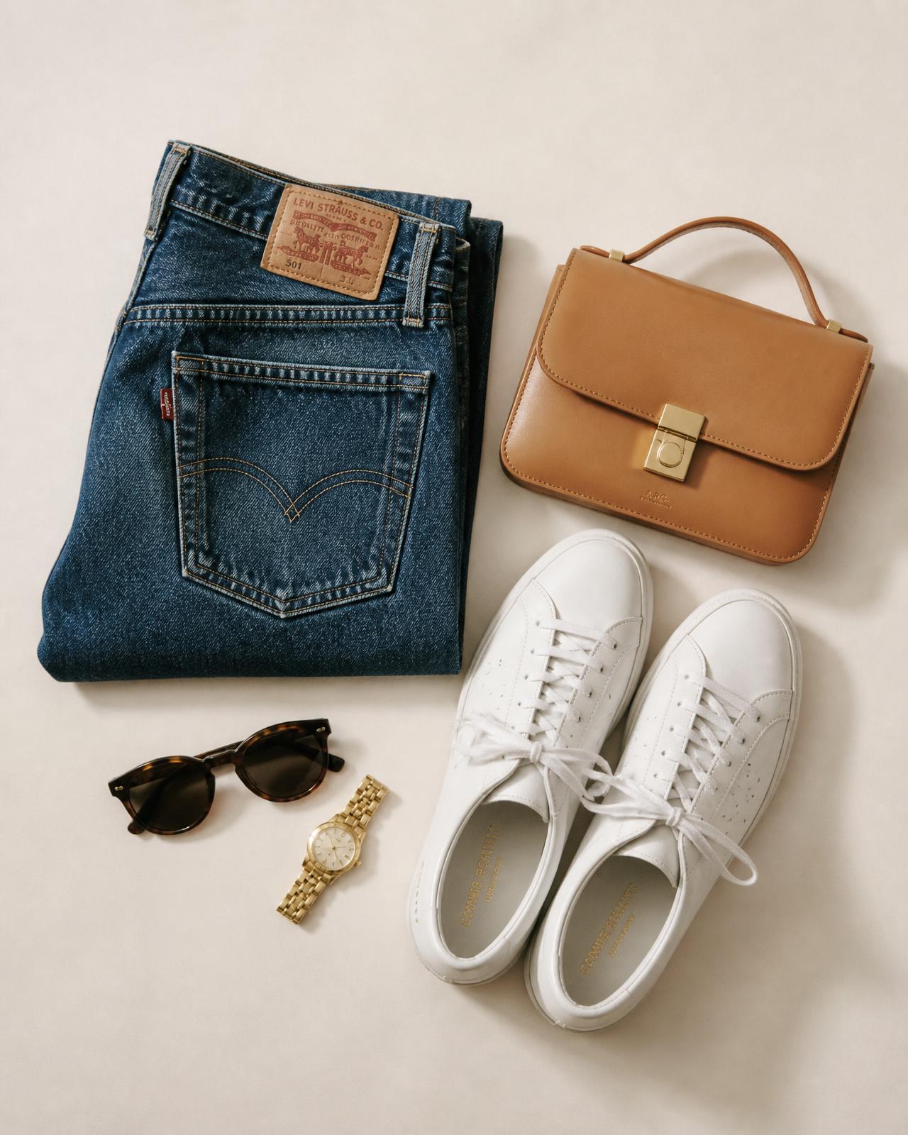 Flat-lay of jeans, sneakers, a handbag, sunglasses and a watch ready to resell